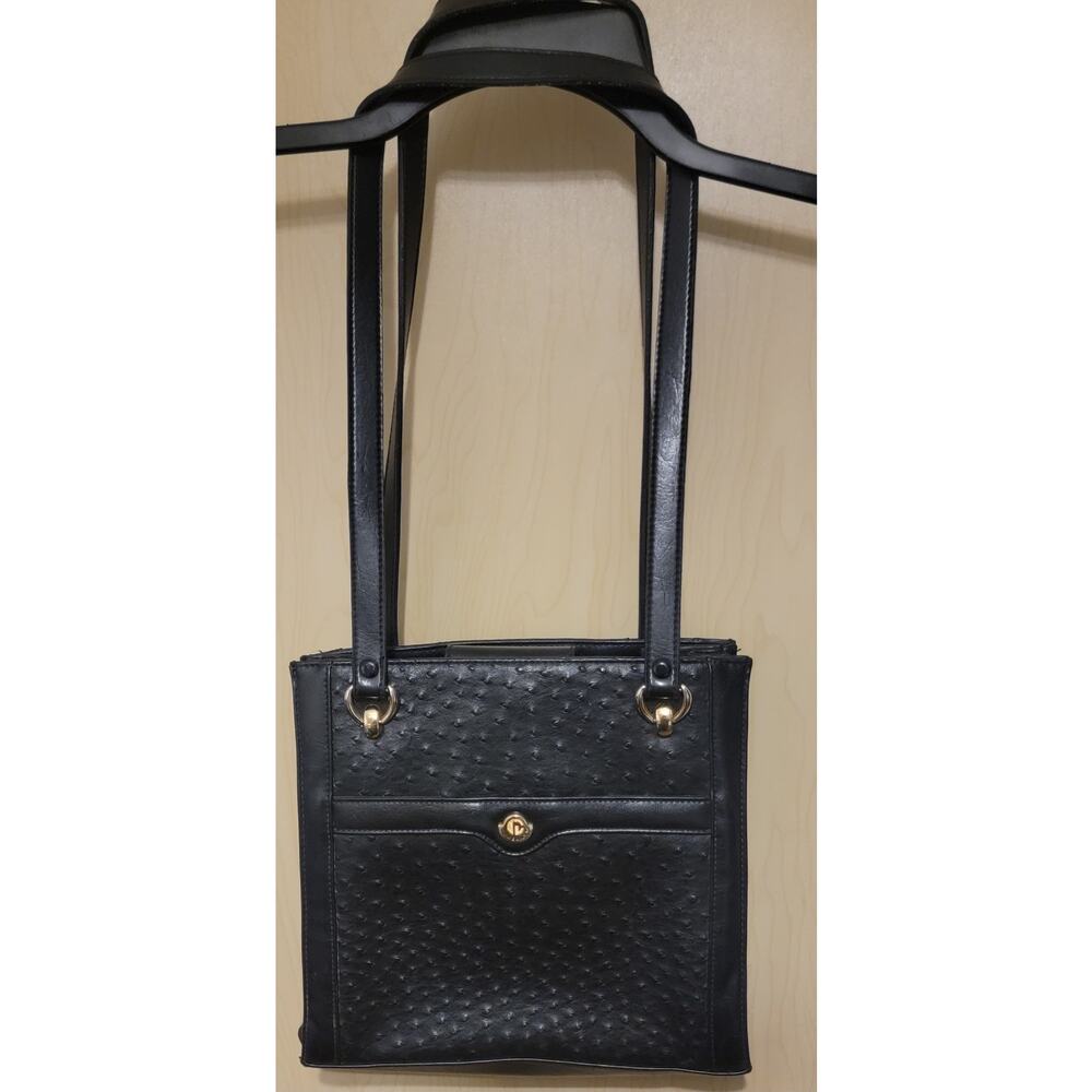 American Leather Soft Black Shoulder Bag Handbag Front Pockets Purse Ostrich